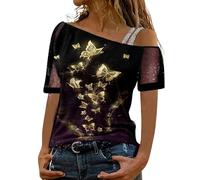 Tops brillantes para mujer, con hombros descubiertos, camisetas de moda con estampado de mariposas, trajes sexys para bailar, rave, casual, para salir, con purpurina, para fiestas, malla brillante