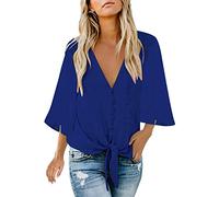 Tops casuales para mujer con cuello en V, manga 3/4, nudo de corbata, blusas, camisas sólidas con botones, azul, L
