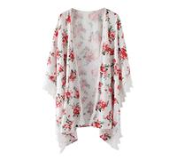 Tops con estampado floral, cárdigan de manga corta para mujer, cómodo cárdigan con dobladillo de encaje, ropa de abrigo bohemia con protección solar, blusas sueltas de verano a la moda, parte