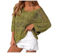 Tops con Hombros Descubiertos para Mujer, suéteres Informales de Manga 3/4 con Agujeros, Tops de Punto Ligeros de Gran tamaño Mujer Corto Invierno