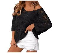 Tops con Hombros Descubiertos para Mujer, suéteres Informales de Manga 3/4 con Agujeros, Tops de Punto Ligeros de Gran tamaño Mujer Corto Invierno
