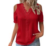 Tops con Hombros Descubiertos para Mujer Verano con Ribete de Encaje Cuello en V Manga Corta Camisetas Elegantes Blusas de Trabajo Sueltas Informales (Rojo,M)