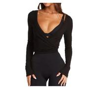 Tops Cortos Cruzados Con Lazo For Mujer, Camisetas De Yoga, Fitness Manga Larga, Ballet For Entrenamiento, Gimnasio(Black,L)