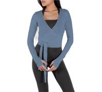 Tops cortos cruzados for mujer, de manga larga, con escote en V profundo, lazo for entrenamiento, ballet, pilates, yoga, agujeros for los pulgares(Color 04,M)