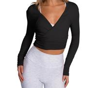 Tops cortos de ballet cruzados for mujer, verano, lisos, for yoga, con cuello en V, manga larga, ajustados y lazo(Color 01,S)