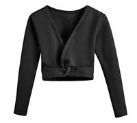 Tops Cruzados de Ballet para Niñas, Maillot de Manga Larga, Envolturas de Danza, Suéter de Gimnasia, Cárdigan, Interior de Terciopelo, Negro, 6-7 años