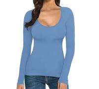 Tops Damen Eng T Shirt Damen Weiß Basic, Rundhals Tops Slim Fit T-Shirt Einfarbig Longshirt Elegant Gym Tshirt Y2K Longshirt Casual Tee Shirt leichte bequeme Unterhemden Sweatshirt, azul, XL