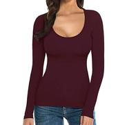 Tops Damen Eng T Shirt Damen Weiß Basic, Rundhals Tops Slim Fit T-Shirt Einfarbig Longshirt Elegant Gym Tshirt Y2K Longshirt Casual Tee Shirt leichte bequeme Unterhemden Sweatshirt, Vino, XL