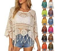 Tops de ganchillo de manga 3/4 para mujer, salida de baño para mujer, suéter de manga corta con hombros descubiertos, suéter de punto de verano, ligero, holgado, para mujer, rosa, XXL