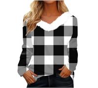 Tops de manga larga para mujer, elegantes, informales, estampados, felpa, cuello en V, camisas delicadas, blusa adecuada, camiseta de manga larga para mujer, Negro , XXL