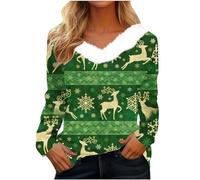 Tops de manga larga para mujer, elegantes, informales, estampados, felpa, cuello en V, camisas delicadas, blusa adecuada, camiseta de manga larga para mujer, verde, XXL