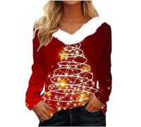 Tops de manga larga para mujer, elegantes, informales, estampados, felpa, cuello en V, camisas petitas, blusa casual de otoño, camiseta para mujer, manga 3/4, rojo, M