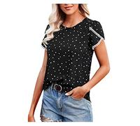 Tops de mujer Casual Encaje Crochet Manga Corta Cuello Redondo Verano Blusa Suelta Camisa Túnica Top Vestido de Punto Mujer Sexy, Negro , L
