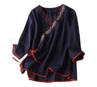 Tops de mujer manga 3/4 algodón lino bordado camisas vintage cheongsam camiseta hanfu tradicional chino tang-traje zen té abotonado blusas elegantes de gran tamaño, C01 Navy, 4XL