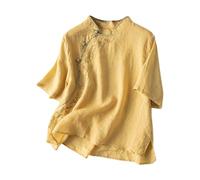Tops de mujer manga 3/4 algodón lino bordado camisas vintage cheongsam camiseta hanfu tradicional chino tang-traje zen té abotonado blusas elegantes de gran tamaño, A01 amarillo., M