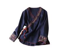 Tops de mujer manga 3/4 algodón lino bordado camisas vintage cheongsam camiseta hanfu tradicional chino tang-traje zen té abotonado blusas elegantes de gran tamaño, B01 Navy, M