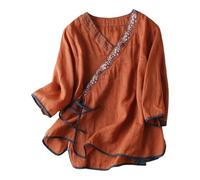 Tops de mujer manga 3/4 algodón lino bordado camisas vintage cheongsam camiseta hanfu tradicional chino tang-traje zen té abotonado blusas elegantes de gran tamaño, C01 Café, 3XL