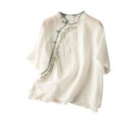 Tops de mujer manga 3/4 algodón lino bordado camisas vintage cheongsam camiseta hanfu tradicional chino tang-traje zen té abotonado blusas elegantes de gran tamaño, A01 blanco., XL