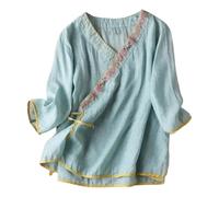 Tops de mujer manga 3/4 algodón lino bordado camisas vintage cheongsam camiseta hanfu tradicional chino tang-traje zen té abotonado blusas elegantes de gran tamaño, C01 Verde Claro, XL