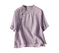 Tops de mujer manga 3/4 algodón lino bordado camisas vintage cheongsam camiseta hanfu tradicional chino tang-traje zen té abotonado blusas elegantes de gran tamaño, A01purple, XXL
