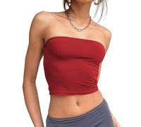 Tops de Tubo para Mujer, Tops Cortos Tipo Palabra de Honor con Corte Entallado, Tubo Flaco Delgado, Camiseta sin Mangas para Salir sin Espalda (XS,Red)