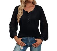 Tops de túnica de punto para mujer, holgados, de manga larga, con botones, cuello en V, camiseta corta para mujer, Negro , L