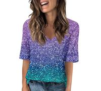 Tops De Verano para Las Mujeres 2024 Longitud del Codo Cuello En V Camisetas Elegante Casual Media Manga Ajuste Básico Camiseta Túnica Tops Blusa Camiseta Manga Larga Mujer Negra