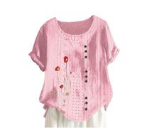 Tops de verano para mujer, camisas de manga corta con botones de lino, cuello redondo, estampado floral, camisetas gráficas para el día de la madre, pendientes neón, Rosa., L
