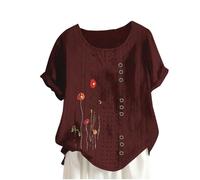 Tops de verano para mujer, camisas de manga corta con botones de lino, cuello redondo, estampado floral, camisetas gráficas para el día de la madre, pendientes neón, Vino, S