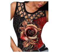 Tops de verano para mujer con estampado de diamantes de imitación camiseta sin mangas de encaje hueco camisas casuales blusa de mujer suéter ligero para mujer, rojo, S