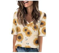 Tops de verano para mujer, con media manga, cuello en V, holgado, holgado, blusas estampadas con longitud de codo, camisa de cola de fuego, amarillo claro, XXL