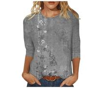Tops elegantes para mujer, manga 3/4, verano, cuello redondo, camisa con estampado floral, blusas informales, ropa de verano a la moda, 2 piezas, gris, L