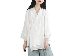 Tops étnicos de estilo chino, ropa para mujer, algodón y lino, traje vintage liso, cuello en V, blusa suelta de primavera, delgada Hanfu, blanco, Taille unique