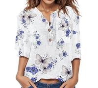 Tops Imprimir Empalme Cuello en V Botón Top Camisa Casual Manga Media Elegante Soft Tops Camiseta Estiria, morado, L