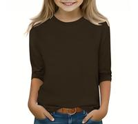 Tops lisos para niñas, puños largos básicos elásticos, cuello redondo, camiseta de escuela, camiseta de 3 a 12 años para ropa de siempre, 30- Marrón, 140 cm