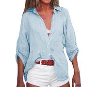 Tops Mujer 3/4 Manga Roll Up Camiseta Causal Verano Manga Larga Cuello de Pico con Botones Camiseta Monocolor Túnica Larga Jersey Ventilado Camisa Casual Camiseta Ligera Deporte Blusa Larga, azul
