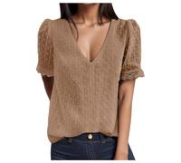 Tops Mujer Elegante Uni Jacquard Encaje V Cuello de Manga Corta Top Verano Ligero Transpirable Blusa Casual Elegante Versátil Top Verano Tops Mujer, 02#_Caqui, L