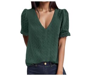 Tops Mujer Elegante Uni Jacquard Encaje V Cuello de Manga Corta Top Verano Ligero Transpirable Blusa Casual Elegante Versátil Top Verano Tops Mujer, 01#_verde, XXL