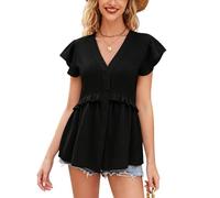 Tops Mujer Elegantes, Blusa Elegante para Mujer Manga Corta Volantes Cuello en V Botones Estilo Babydoll Jacquard Chic Corte Holgado Estilo Casual Verano Ideal para Salir a Diario Color Negro Talla