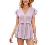 Tops Mujer Elegantes, Blusa Elegante para Mujer Manga Corta Volantes Cuello en V Botones Estilo Babydoll Jacquard Chic Corte Holgado Estilo Casual Verano Ideal para Salir a Diario Color Morado Talla
