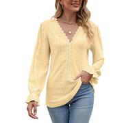 Tops Mujer Elegantes, Blusa Verano Mujer Ojales Manga Larga Cuello en V Ribete Encaje Puños Volantes Camisa Elegante E Informal Túnica Calada Top Elegante Salir Camiseta Citas Diarias Trabajo Amar