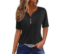 Tops Mujer Elegantes, Camiseta Manga Corta Ojales Mujer Blusa Henley Cuello V Ojales Túnica Holgada Botones Aberturas Estilo Casual Holgado Ideal Salir a Diario O la Playa Color Negro Talla XL.