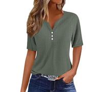 Tops Mujer Elegantes, Camiseta Manga Corta Ojales Mujer Blusa Henley Cuello V Ojales Túnica Holgada Botones Aberturas Estilo Casual Holgado Ideal Salir a Diario O Vacaciones la Playa Color Verde Ta