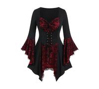 Tops mujer murciélago vintage blusa con mangas volantes trajes medievales hombros descubiertos blusa blusa blusa kanerval Halloween sexy vampiro gótico ropa monocolor, RD1., XXL