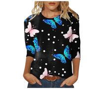 Tops para mujer, camisas de longitud media, mangas tres cuartos, camisas gráficas, camisetas, camisetas casuales, tops, cuello redondo, túnica, camisa vaquera para mujer (azul, S)