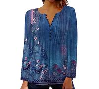 Tops para mujer de manga 3/4 plisada con estampado de flores, blusa fina de otoño, manga larga, cuello de pico, camiseta de manga larga con botones, para tiempo libre, jersey, túnica, adolescentes,