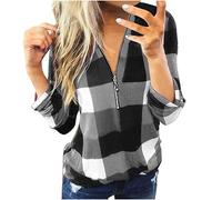 Tops para mujer, elegante, a la moda, casual, cuello en V, cremallera, estampado a cuadros, manga larga, blusa informal para mujer (negro XXL)