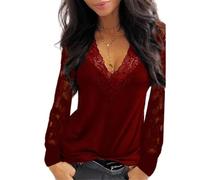 Tops para Mujer Encaje Manga Larga Cuello en V Adorno de Encaje Túnica Blusas Elegante Encaje Malla Blusa Semitransparente Casual Cuello en V Holgada Color Sólido Camisa Encaje Camisetas S-5XL, E-rojo