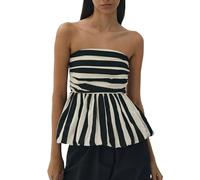 Tops Peplum sin Tirantes for Mujer, Top Bandeau con Estampado de Rayas, Fruncido, sin Espalda, Recortado, con Burbujas, for Salir en Verano(Nero,XL)