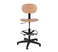 Topsit Silla de trabajo IND114 de madera de haya lacada clara, silla de laboratorio, altura del asiento regulable con elevador superior, anillo cromado, base de plástico en cruz con patas.